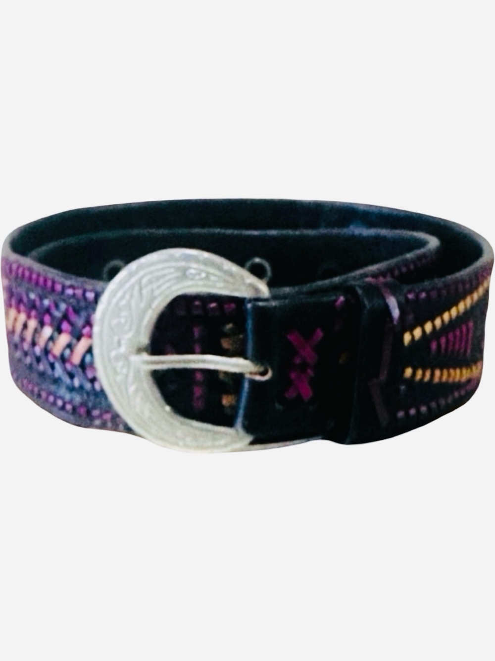 Western Boho Handmade Leather Belt Black Multicolor Woven design Size 34.75x1.45